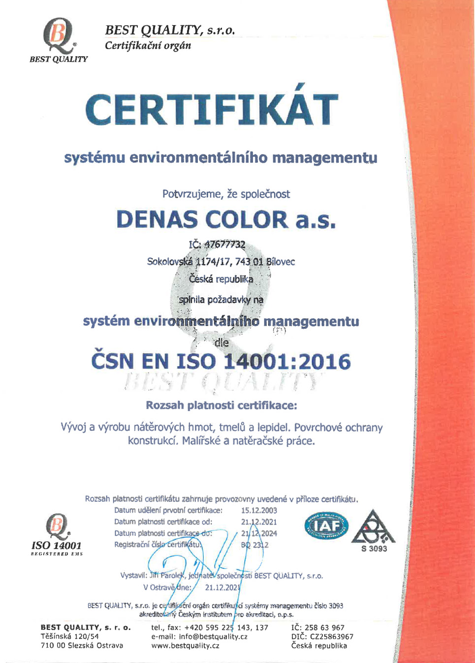 Certifikat ISO 14001 2022
