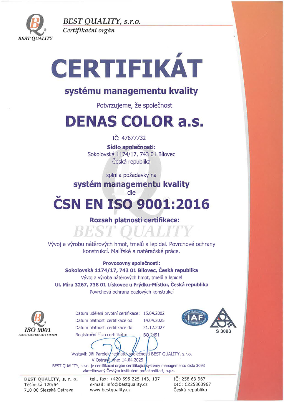 Certifikát ISO 9001 2025 2027